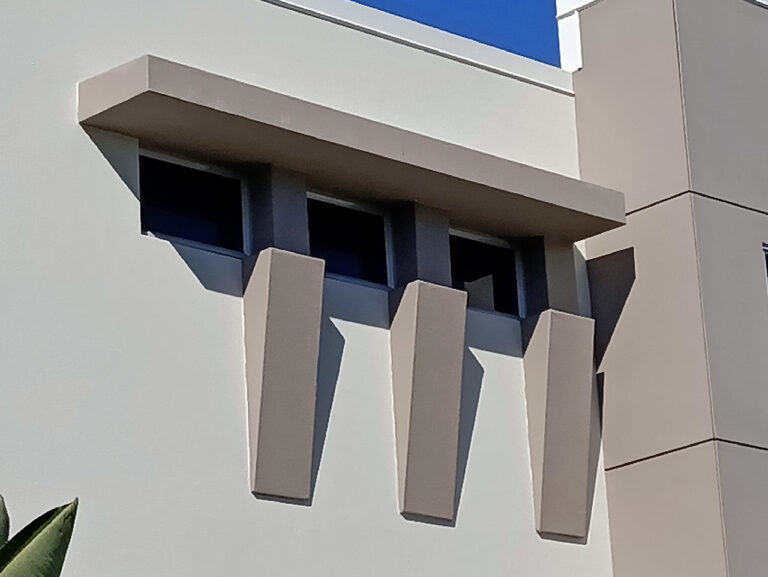 window sunhood building features and blades gold coast brisbane Polystyrene sunhoods and vertical blades framing exterior windows